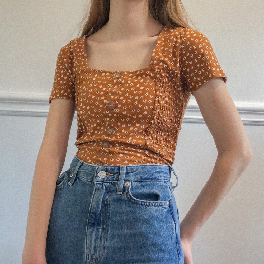 Rust Orange Floral Top with Buttons